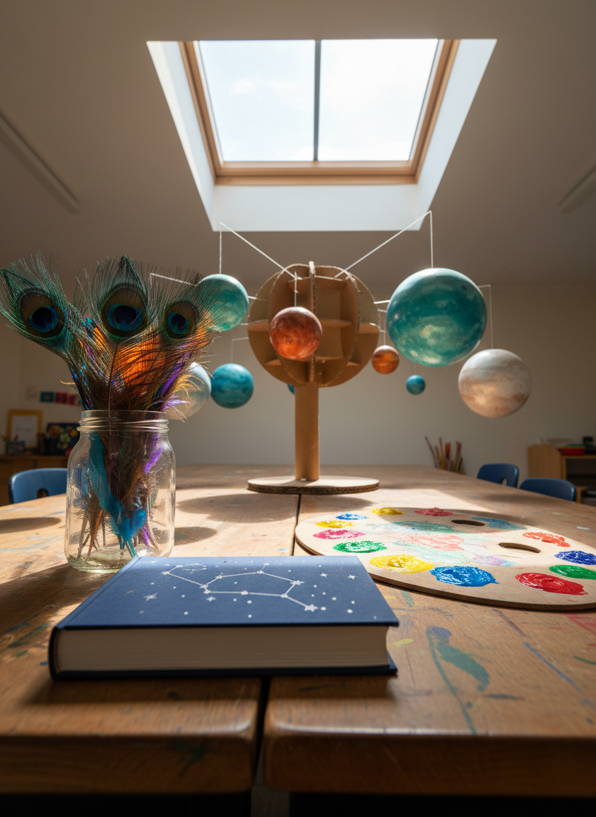 A detailed scene of a classroom science-and-art station inspired by the world of Orion: a sturdy wooden table holds a clear jar of colorful feathers, a palette smeared with bright, childlike paint colors, and a simple cardboard model of a solar system with glossy planet spheres suspended on thin wires. At the center lies the closed Orion book with a starry, deep-blue cover and a subtle constellation pattern, no readable text. Overhead, soft diffused daylight from a skylight illuminates the objects, creating crisp, realistic textures and gentle reflections on the planets. Shot from a slightly low angle with sharp focus throughout, photographic and vibrant, the mood is energetic and curious, celebrating playful, hands-on learning without revealing the book’s plot.