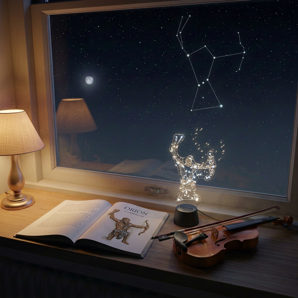 A night-time windowsill scene where the Orion children’s book rests beside a small, glowing LED model of a constellation and a compact wooden xylophone, hinting at the story’s blend of science and music. Outside the window, a realistic, star-filled sky and a distant silhouette of whimsical treetops create a sense of adventure. The book cover shows a luminous abstract star symbol and soft gradients of purple and blue, with no readable words. A warm bedside lamp casts a gentle pool of light over the objects, contrasting with the cool moonlight beyond. Photographic realism, shot at a slight diagonal from above, with a calm yet magical atmosphere suited for a bedtime story preview.